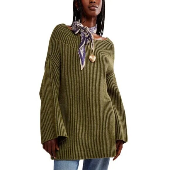 FREE PEOPLE Boat Neck Tunic Sweater in Chive Combo Size X-Large - Picture 1 of 10